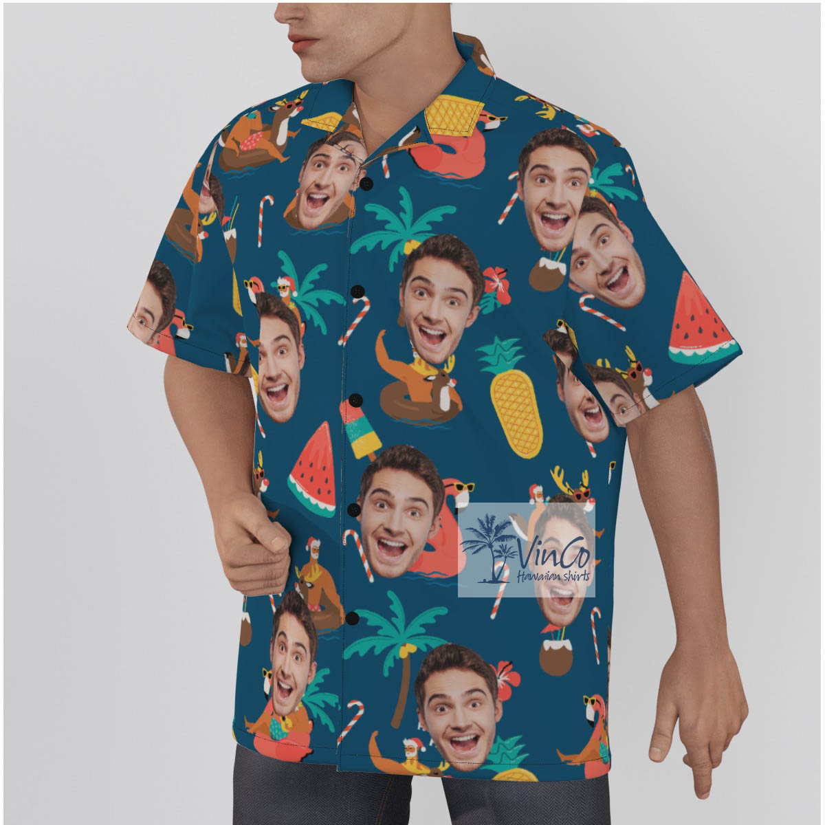 Funny Christmas Santa On Swimming Pool Tropical Hawaiian Shirt With Custom Face