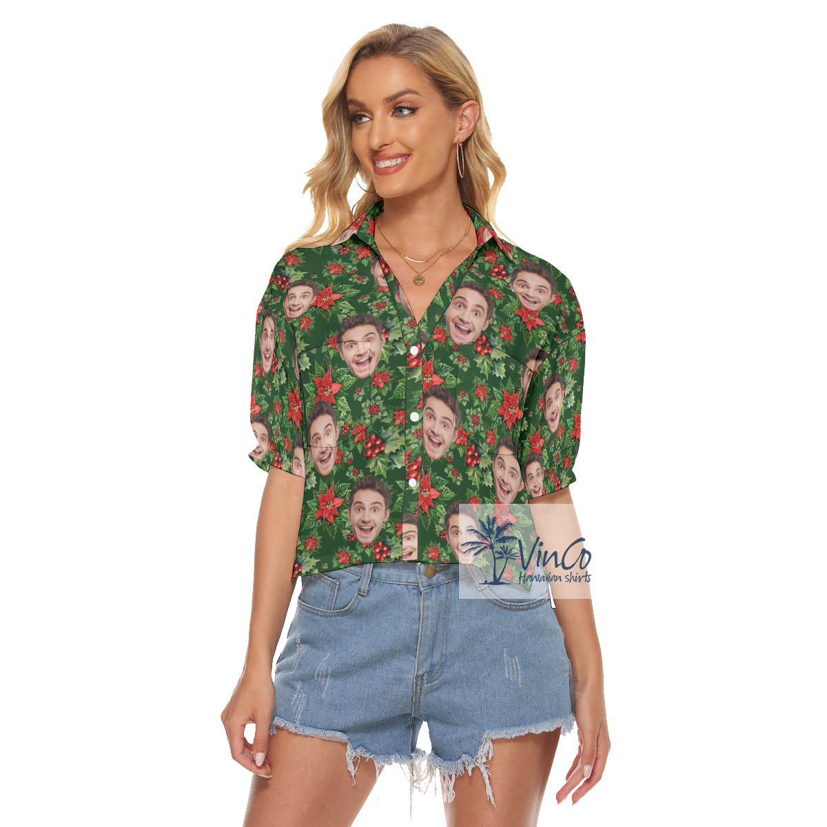 Custom Face Christmas Poinsettia Hawaiian Crop Top Shirt For Women - variant image 1