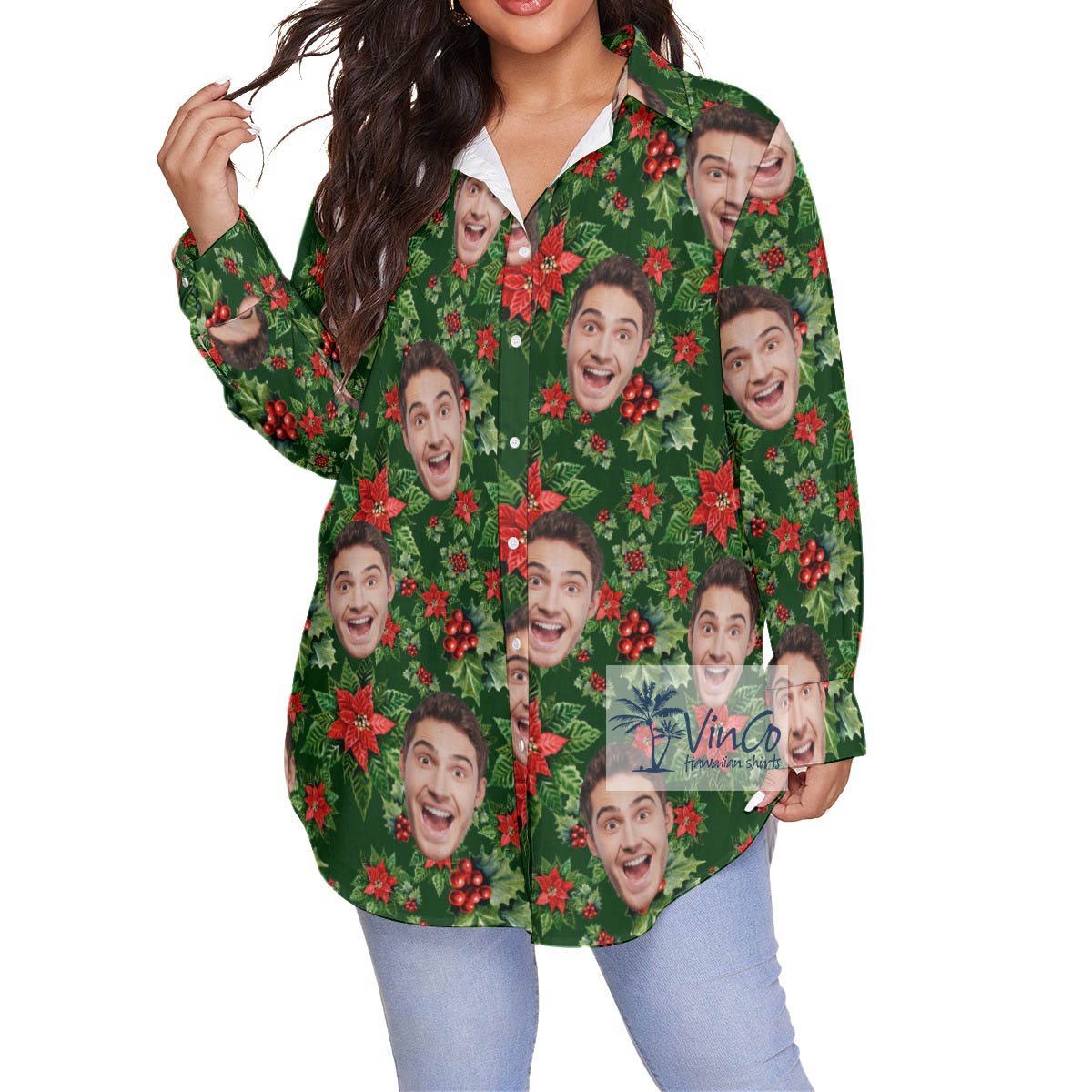 Funny Custom Face Christmas Poinsettia Floral Hawaiian Plus Size Shirt - variant image 1