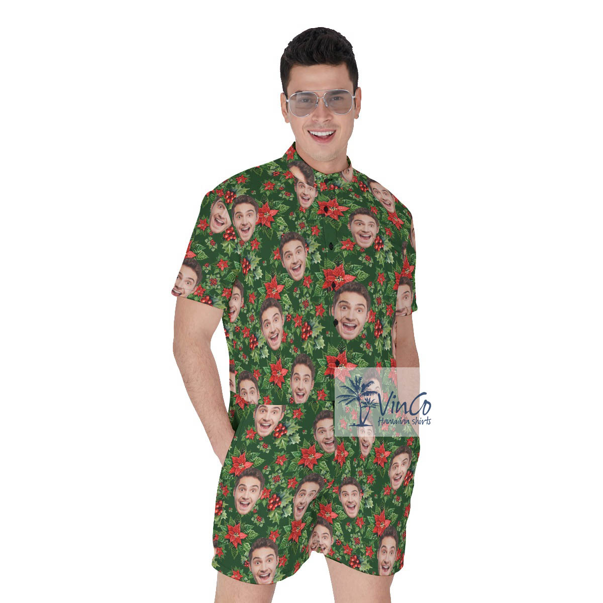 Christmas Floral Poinsettia Men's Hawaiiam Romper With Custom Face - variant image 1