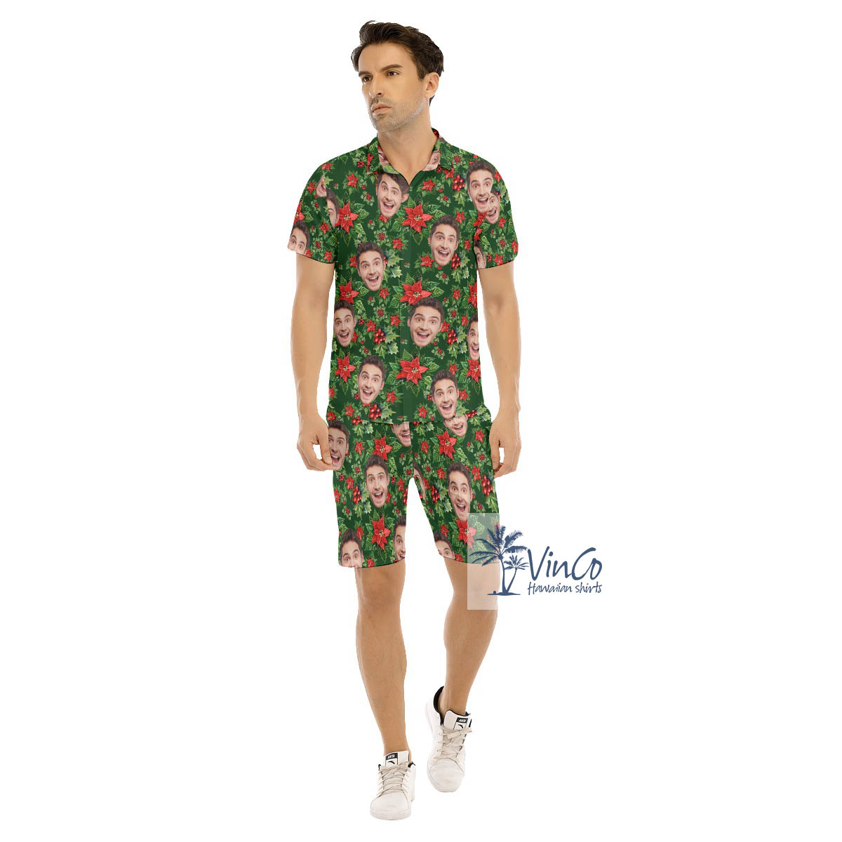 Set Christmas Poinsettia Custom Face Hawaiian Shirt And Shorts For Men - variant image 1