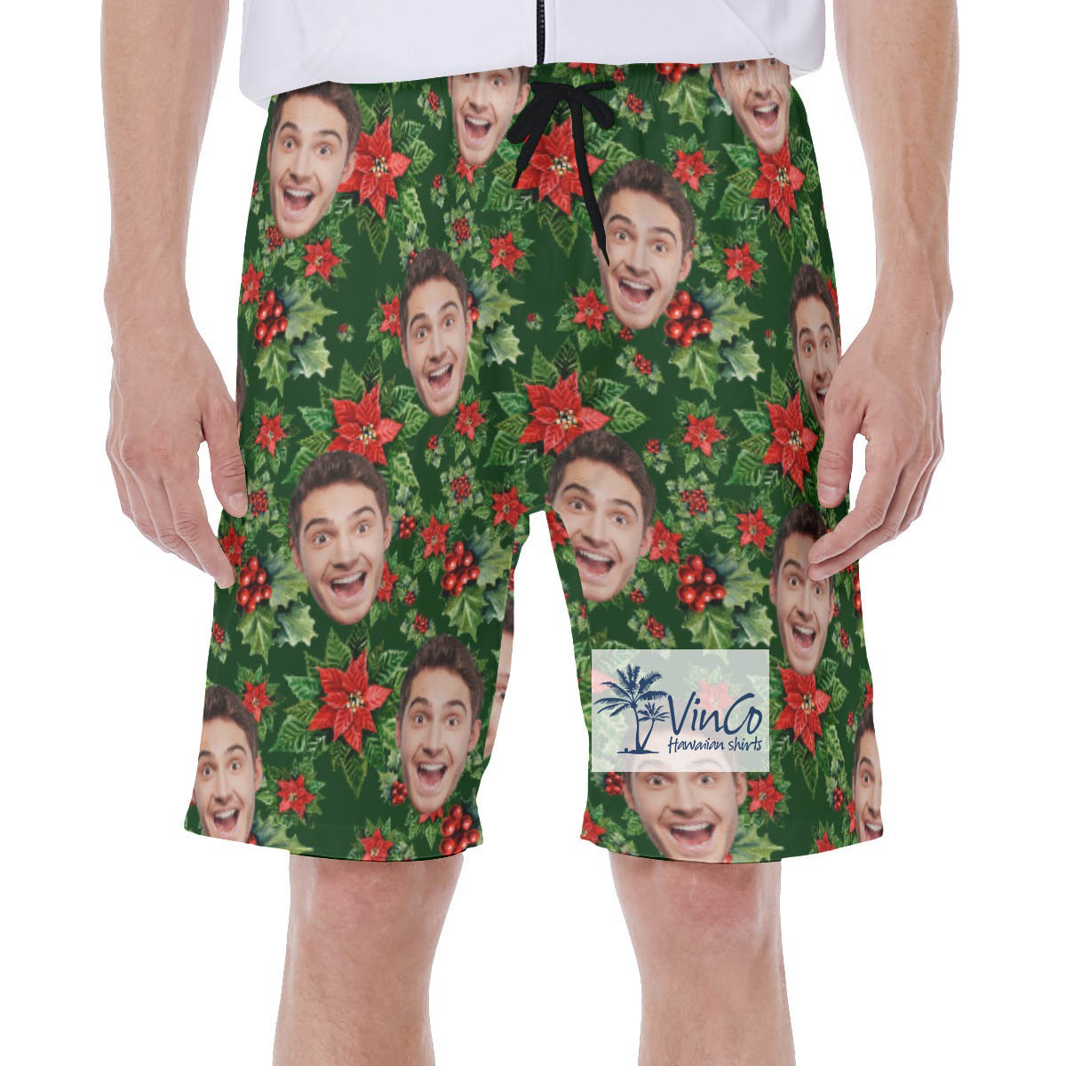 Christmas Poinsettia Hawaiian Swim Trunks With Custom Face - variant image 1