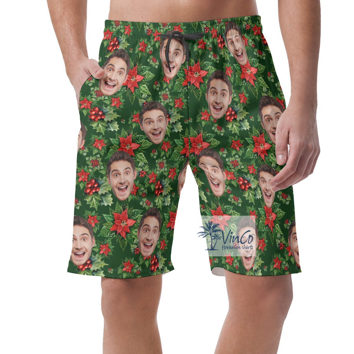Funny Custom Face Poinsettia Christmas Hawaiian Beach Shorts For Men - variant image 1
