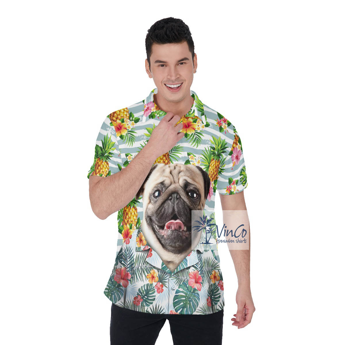 Custom Tropical Pineapple Hawaiian Polo Shirt With Dog Face For Men - variant image 1