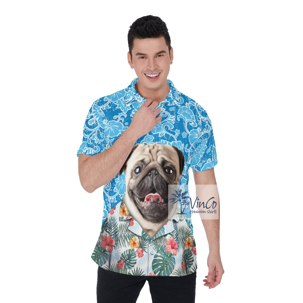 Vintage Blue Hawaiian Polo Shirt With Custom Dog Face - variant image 1