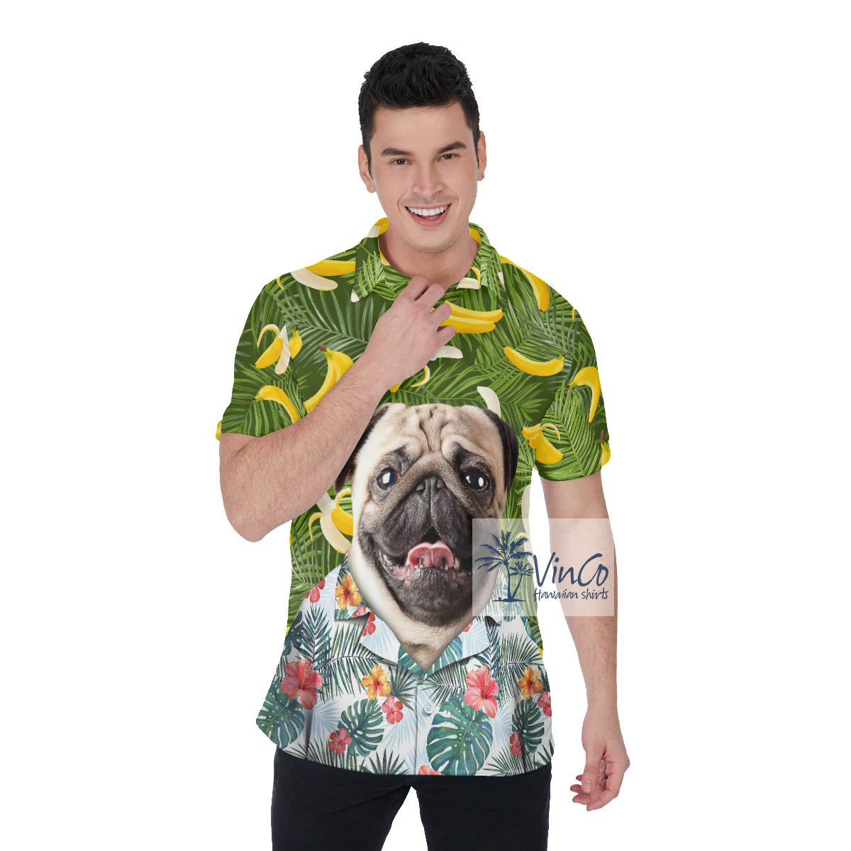 Funny Custom Dog Face Banana Hawaiian Polo For Men - variant image 1
