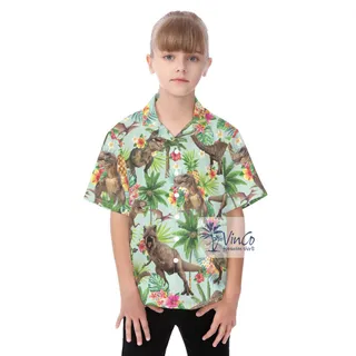 Tropical Dinosaur Hawaiian Button Shirt For Kids
