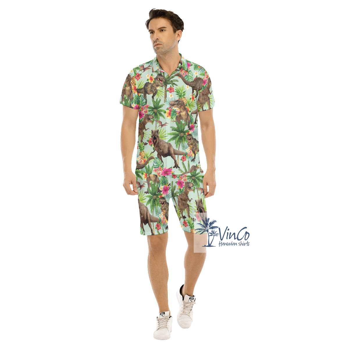 Funny Dinosaur Tropical Hawaiian Shirt And Shorts For Men - variant image 1