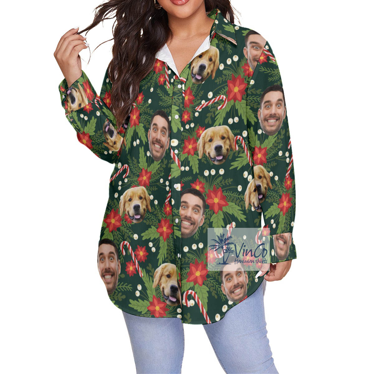 Custom Multiples Faces Christmas Hawaiian Oversized Shirt For Women - variant image 1