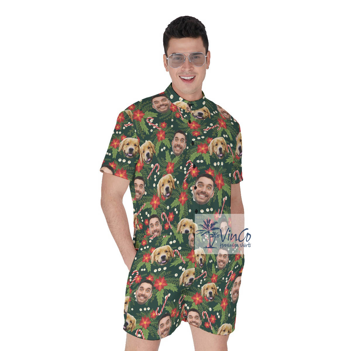 Floral Christmas Custom Face Hawaiian Romper For Men - variant image 1