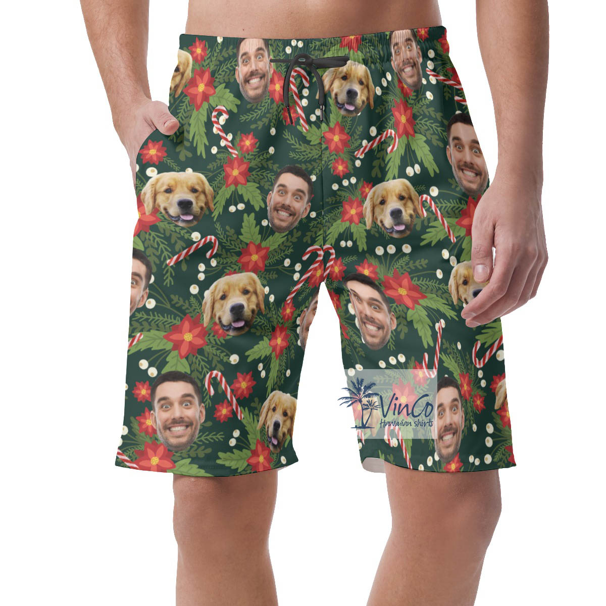 Custom Multiples Faces Christmas Green Hawaiian Beach Shorts For Men - variant image 1