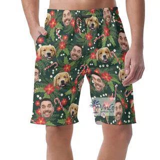 Custom Multiples Faces Christmas Green Hawaiian Beach Shorts For Men