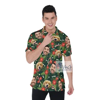 Funny Custom Multiples Faces Christmas Hawaiian Polo Shirt For Men