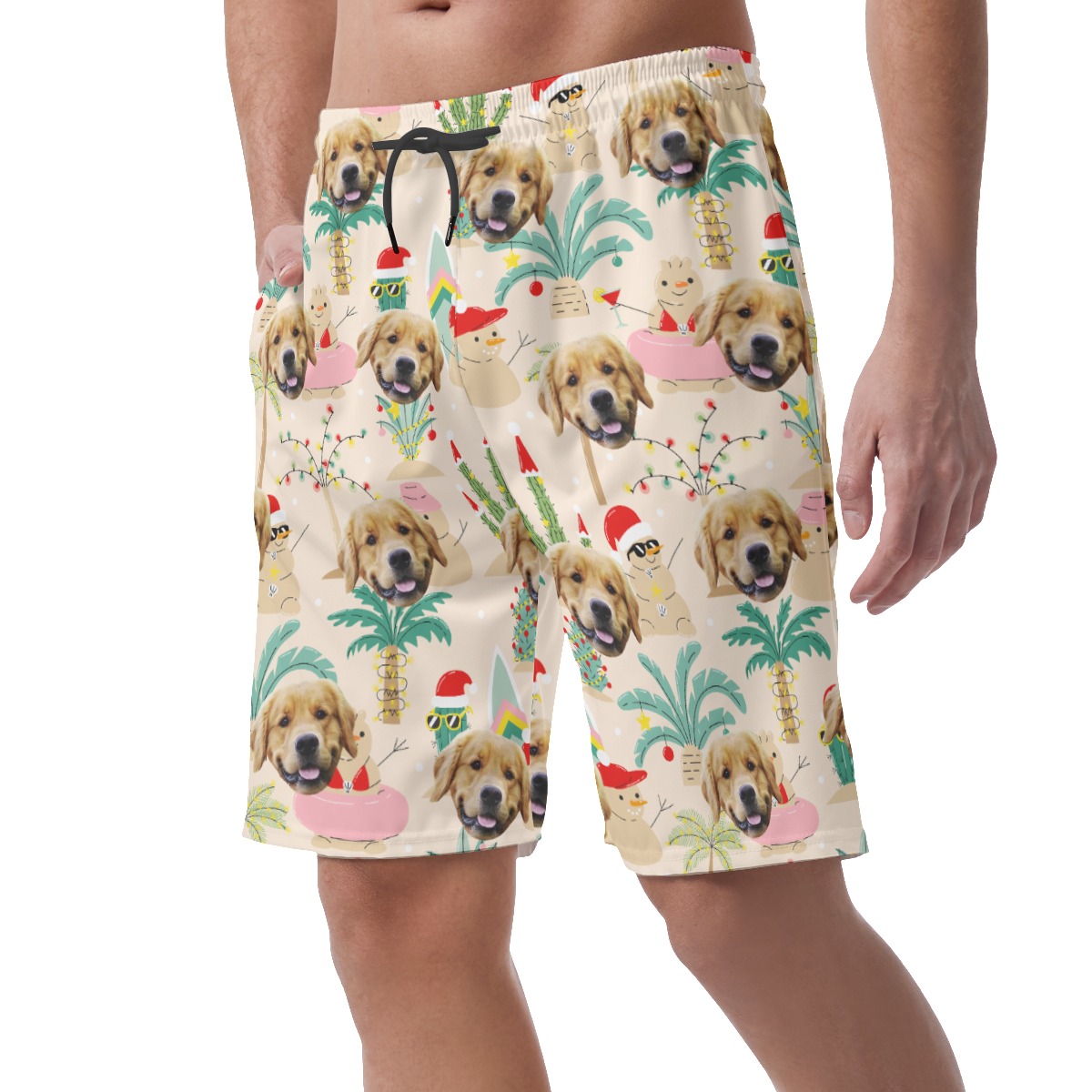 Christmas Snowman Custom Dog Face Hawaiian Beach Shorts For Men