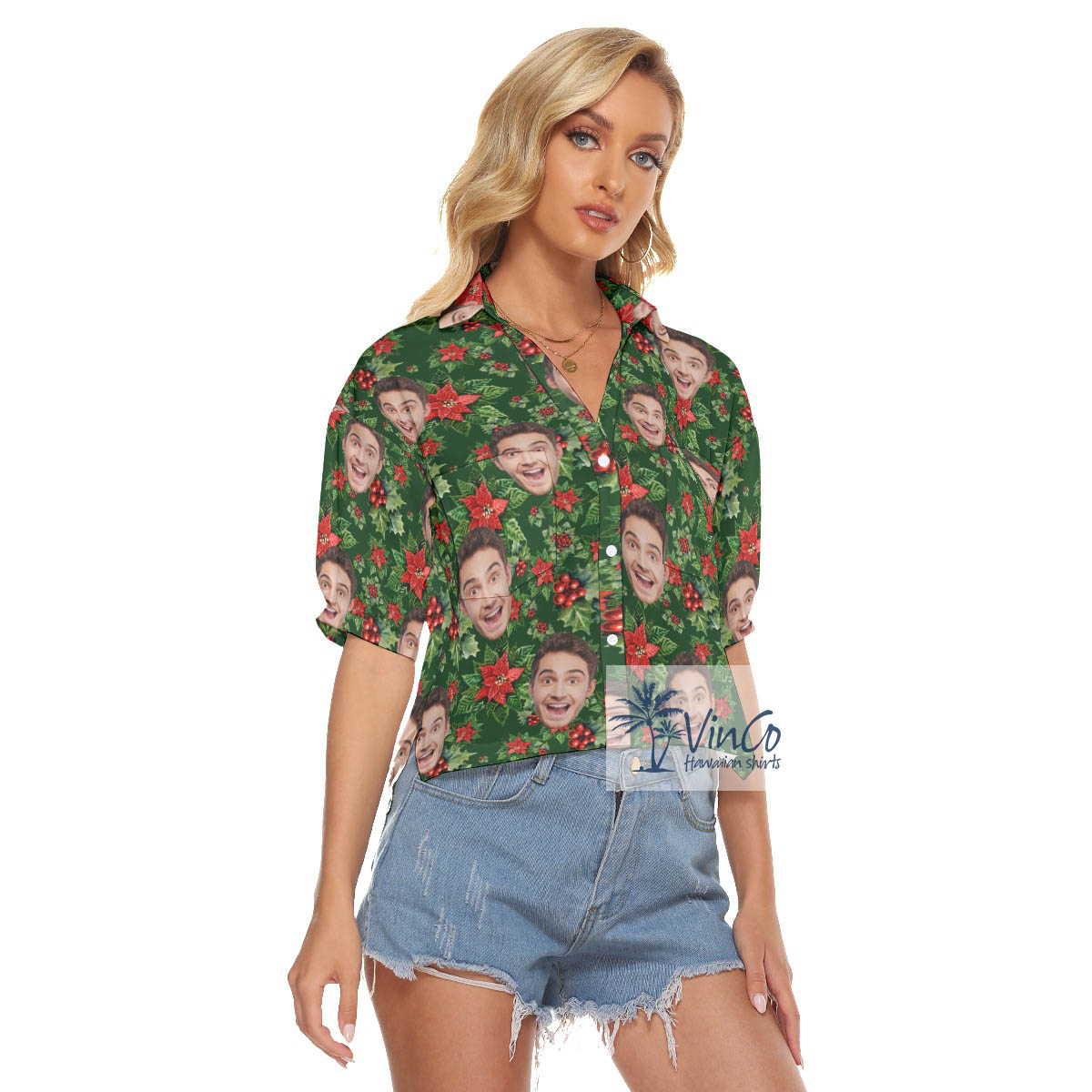 Custom Face Christmas Poinsettia Hawaiian Crop Top Shirt For Women