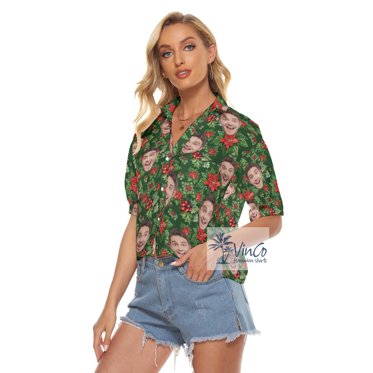 Custom Face Christmas Poinsettia Hawaiian Crop Top Shirt For Women