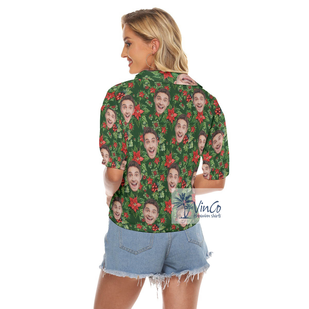 Custom Face Christmas Poinsettia Hawaiian Crop Top Shirt For Women