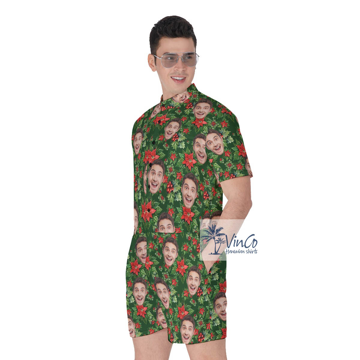 Christmas Floral Poinsettia Men's Hawaiiam Romper With Custom Face