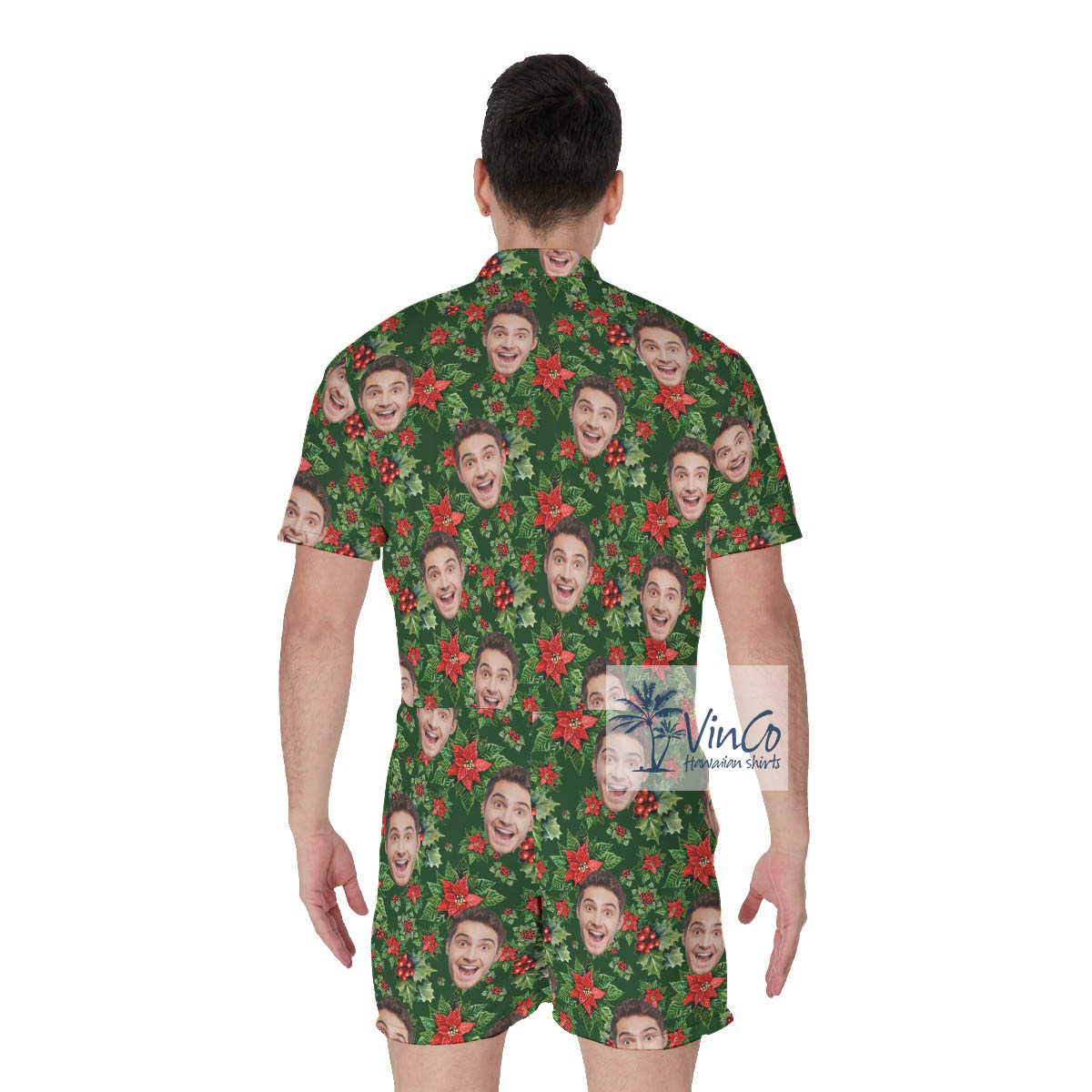 Christmas Floral Poinsettia Men's Hawaiiam Romper With Custom Face