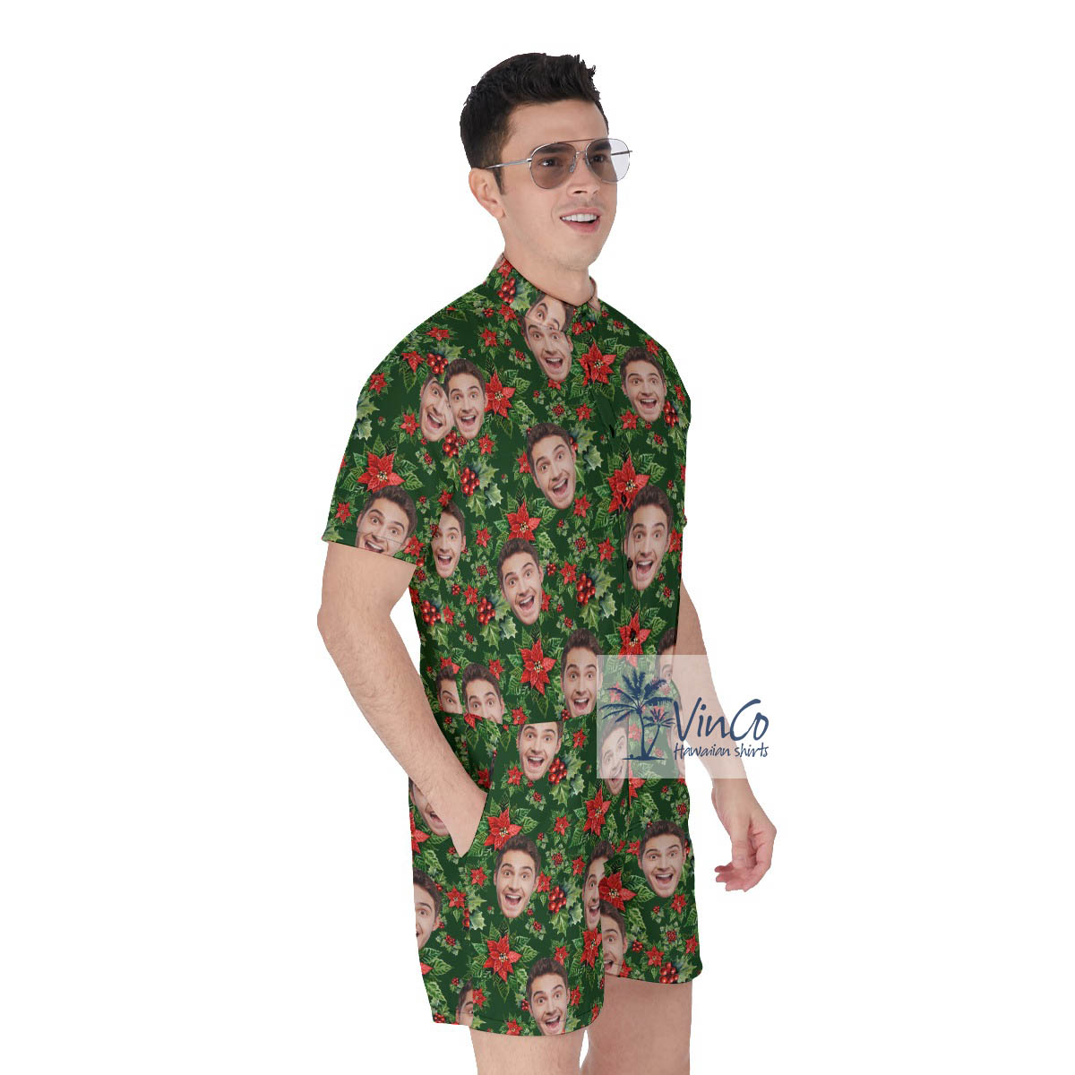 Christmas Floral Poinsettia Men's Hawaiiam Romper With Custom Face