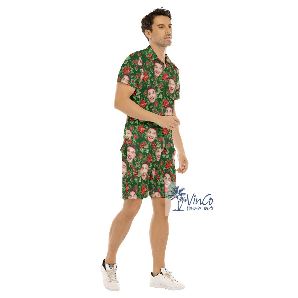 Set Christmas Poinsettia Custom Face Hawaiian Shirt And Shorts For Men