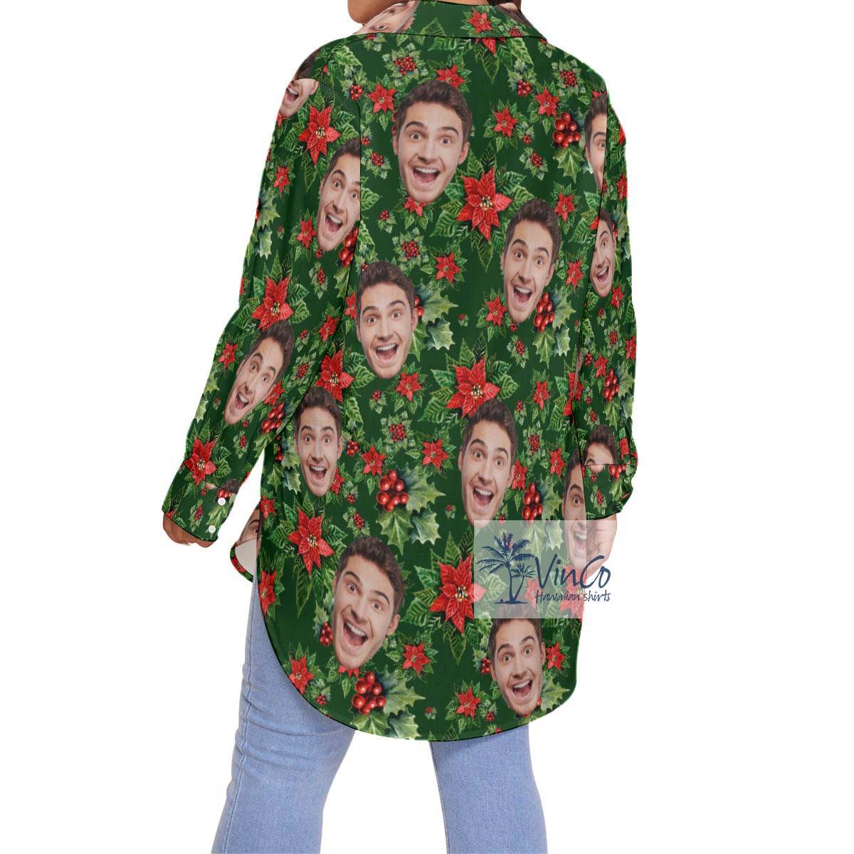 Funny Custom Face Christmas Poinsettia Floral Hawaiian Plus Size Shirt