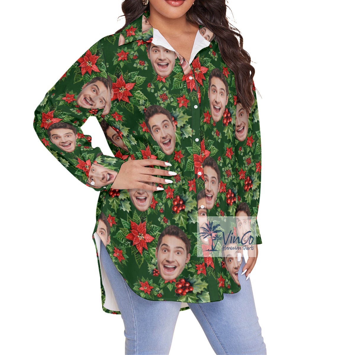 Funny Custom Face Christmas Poinsettia Floral Hawaiian Plus Size Shirt