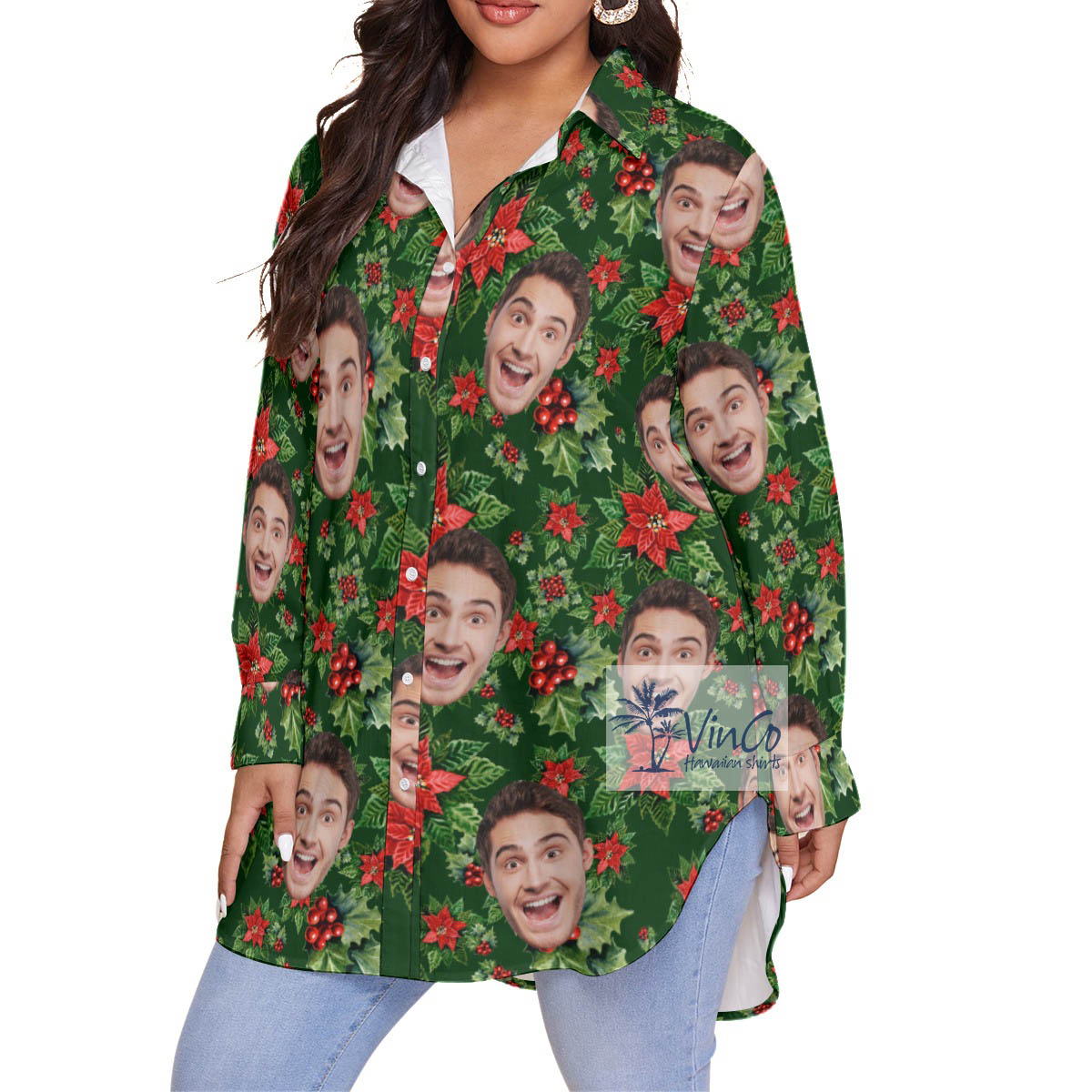 Funny Custom Face Christmas Poinsettia Floral Hawaiian Plus Size Shirt
