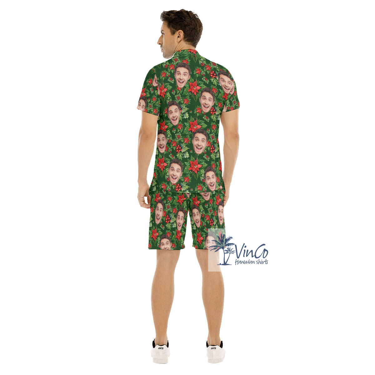 Set Christmas Poinsettia Custom Face Hawaiian Shirt And Shorts For Men