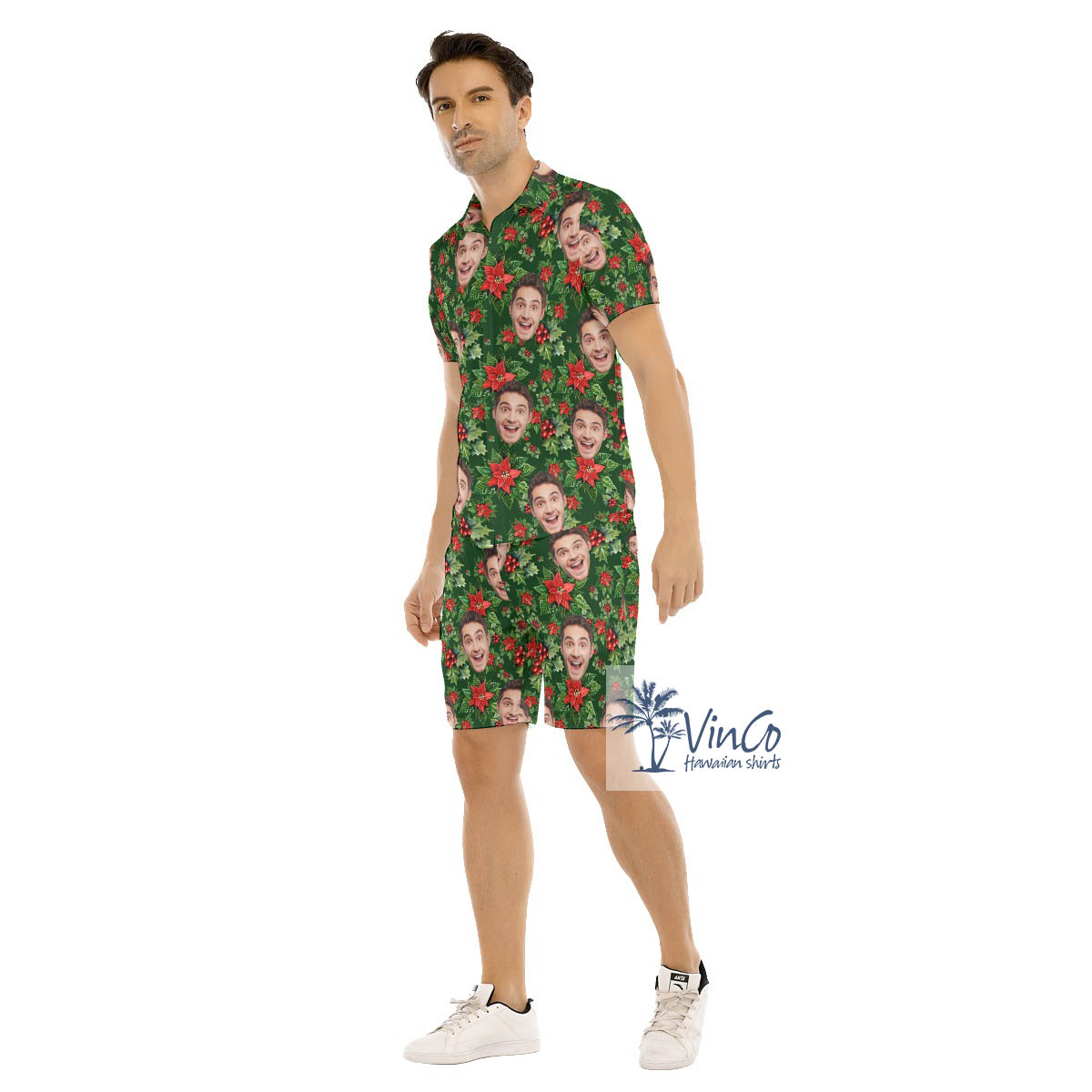 Set Christmas Poinsettia Custom Face Hawaiian Shirt And Shorts For Men
