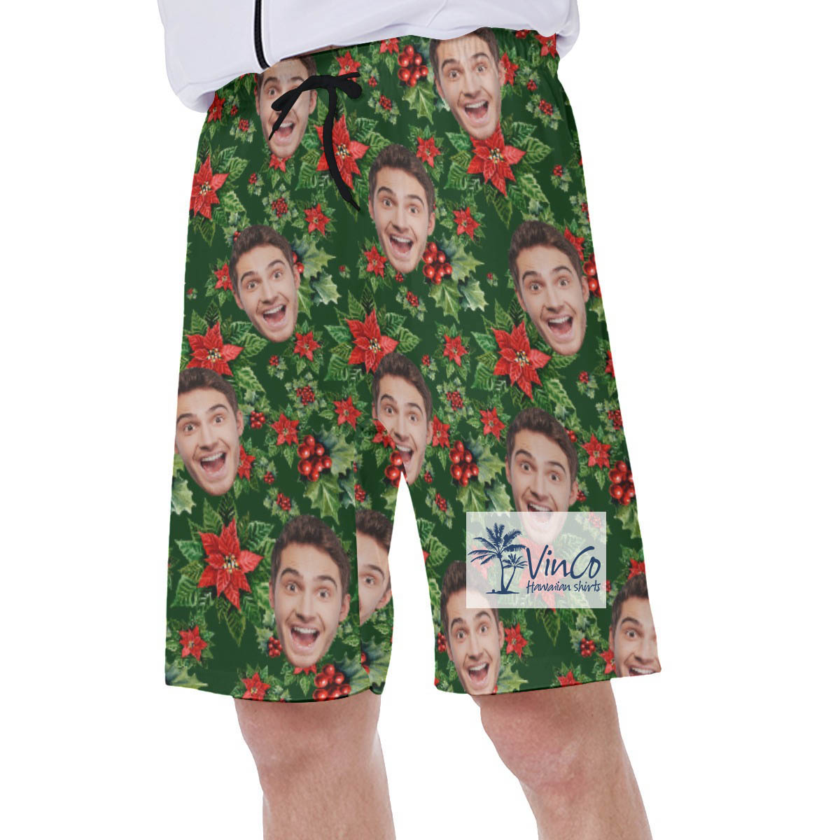 Christmas Poinsettia Hawaiian Swim Trunks With Custom Face