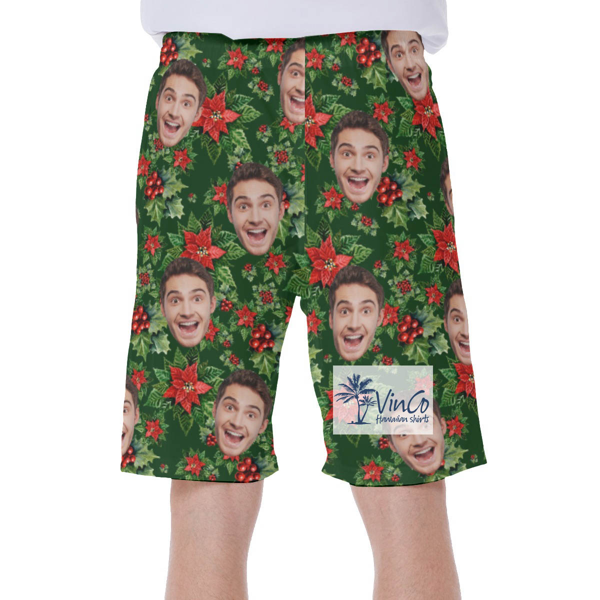 Christmas Poinsettia Hawaiian Swim Trunks With Custom Face