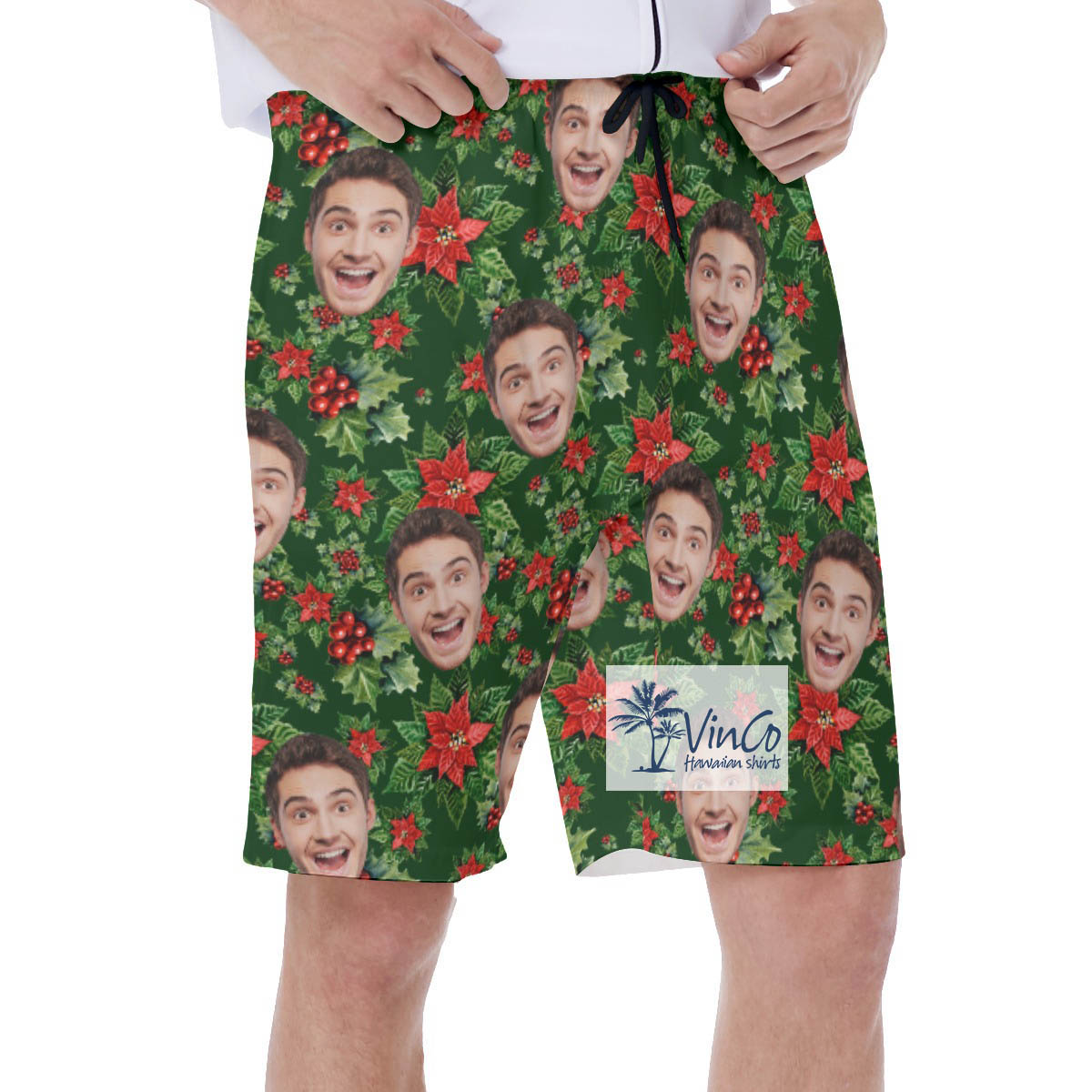 Christmas Poinsettia Hawaiian Swim Trunks With Custom Face