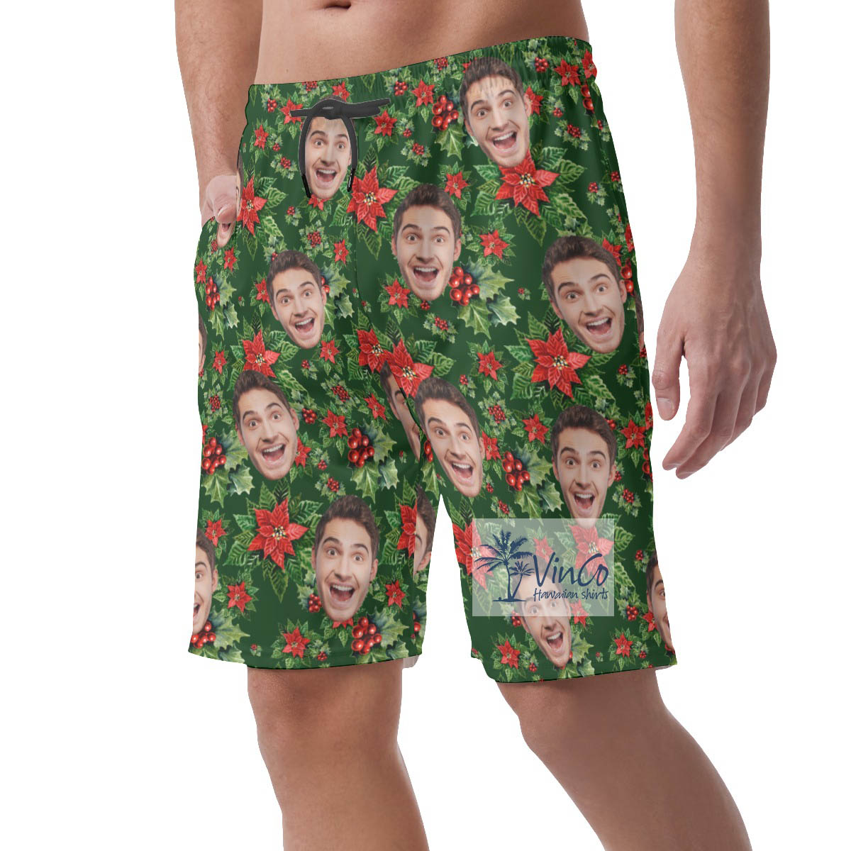 Funny Custom Face Poinsettia Christmas Hawaiian Beach Shorts For Men