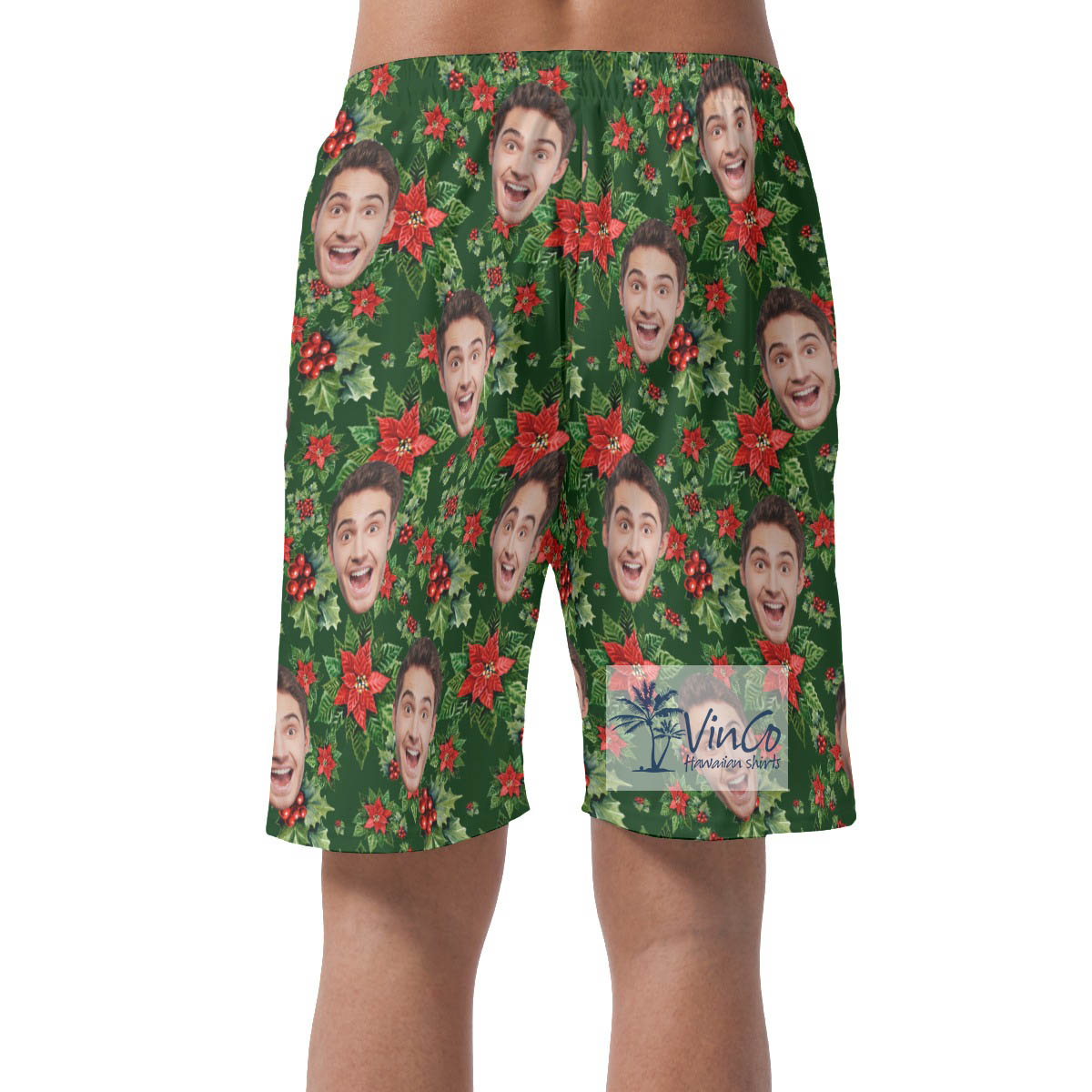 Funny Custom Face Poinsettia Christmas Hawaiian Beach Shorts For Men