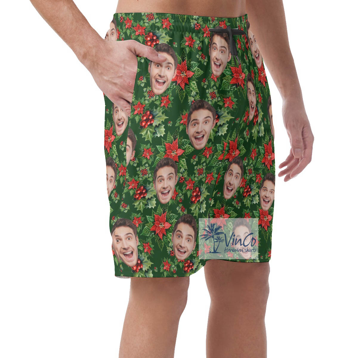 Funny Custom Face Poinsettia Christmas Hawaiian Beach Shorts For Men
