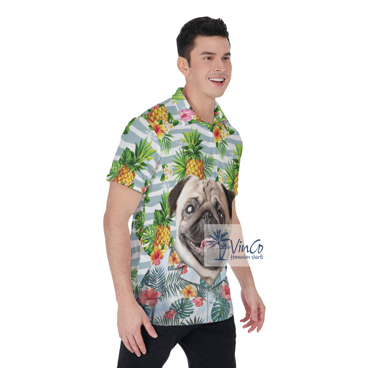 Custom Tropical Pineapple Hawaiian Polo Shirt With Dog Face For Men