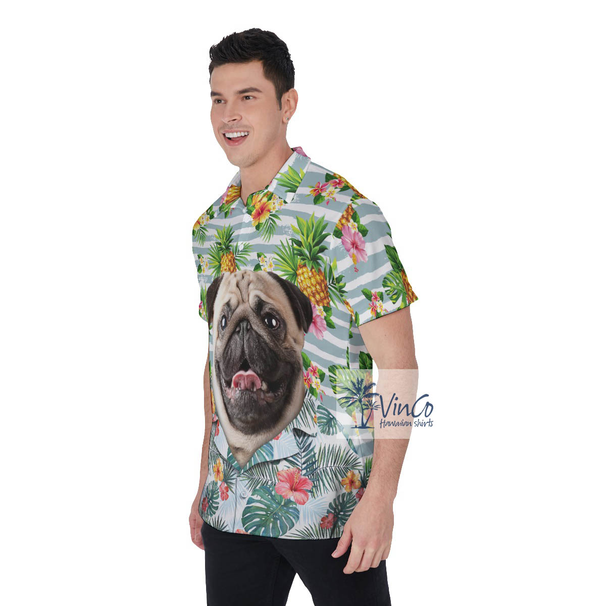 Custom Tropical Pineapple Hawaiian Polo Shirt With Dog Face For Men