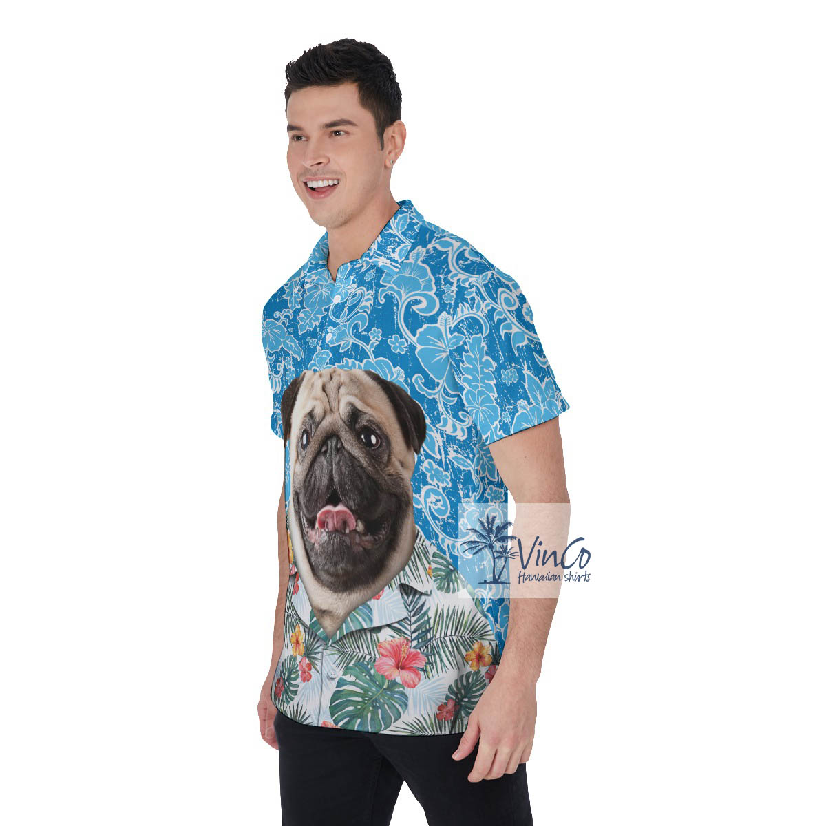 Vintage Blue Hawaiian Polo Shirt With Custom Dog Face