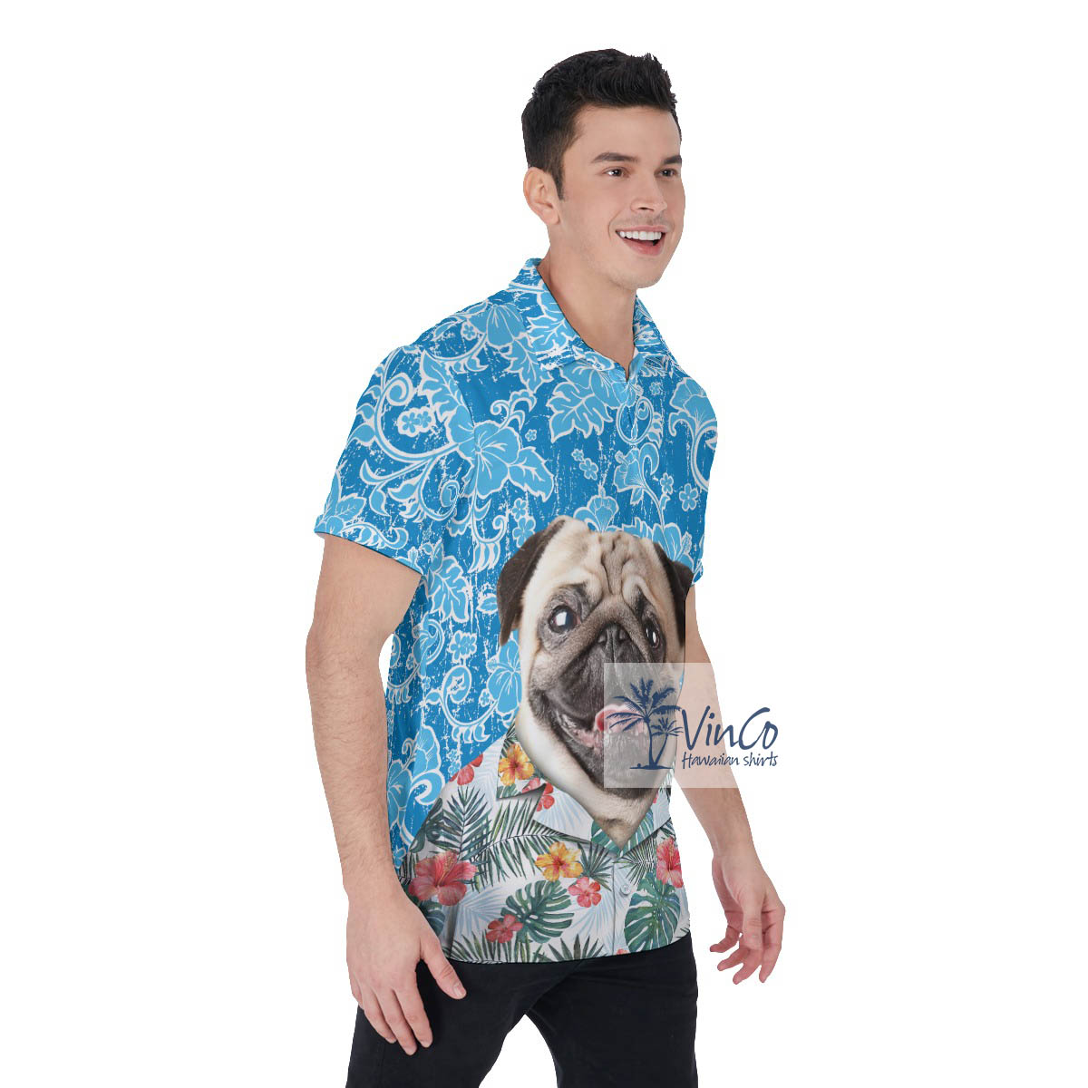 Vintage Blue Hawaiian Polo Shirt With Custom Dog Face