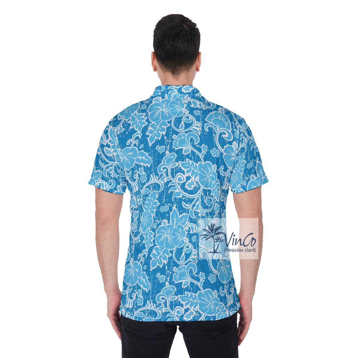 Vintage Blue Hawaiian Polo Shirt With Custom Dog Face