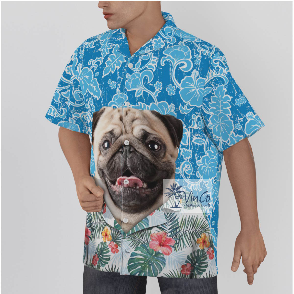 Vintage Blue Custom Dog Summer Beach Shirt For Men