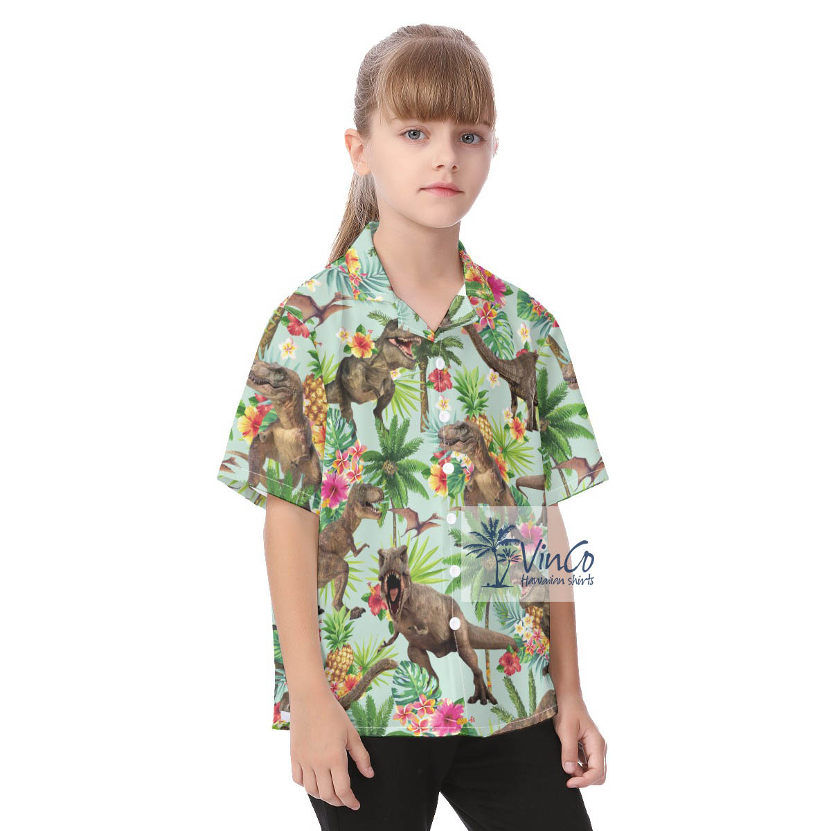 Tropical Dinosaur Hawaiian Button Shirt For Kids