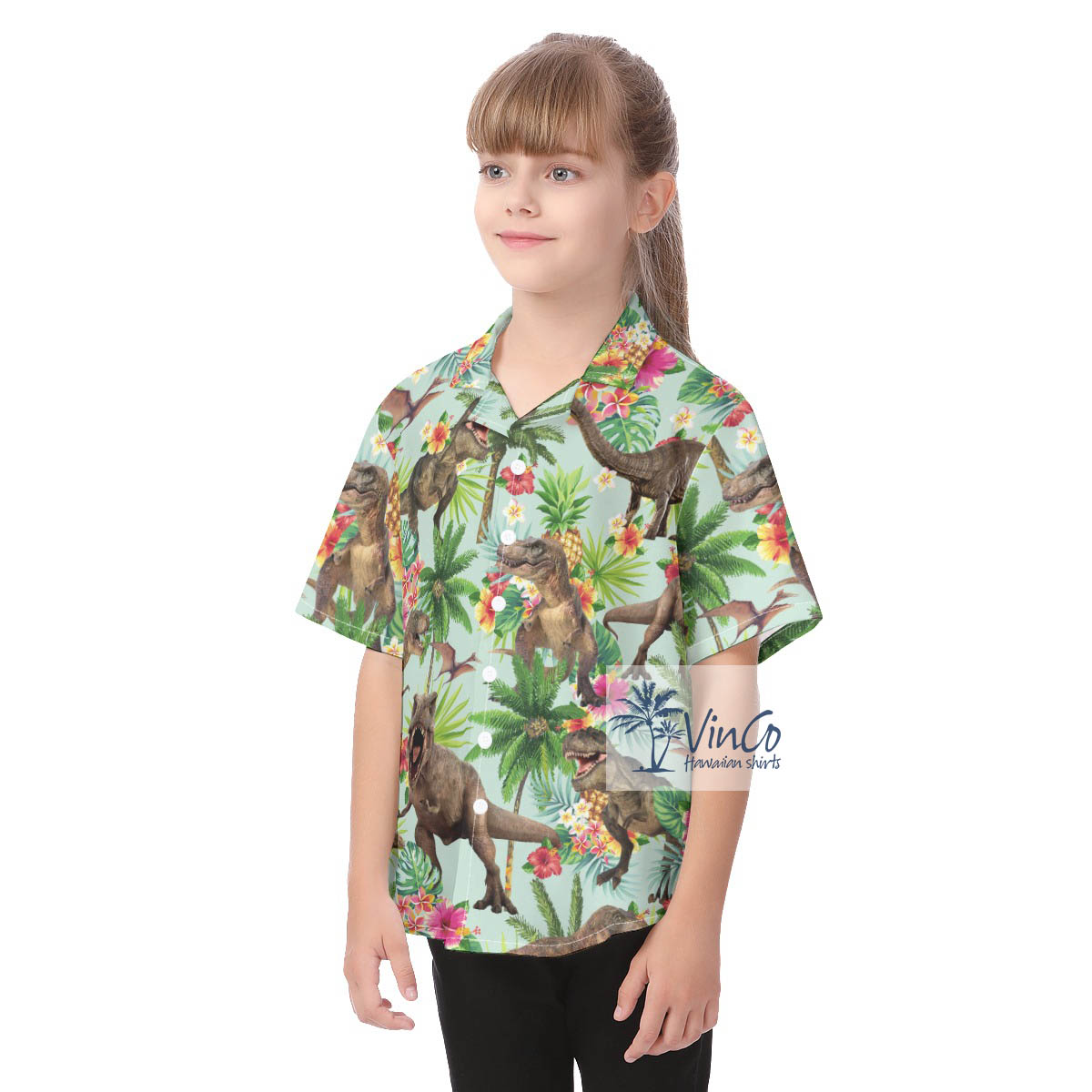 Tropical Dinosaur Hawaiian Button Shirt For Kids