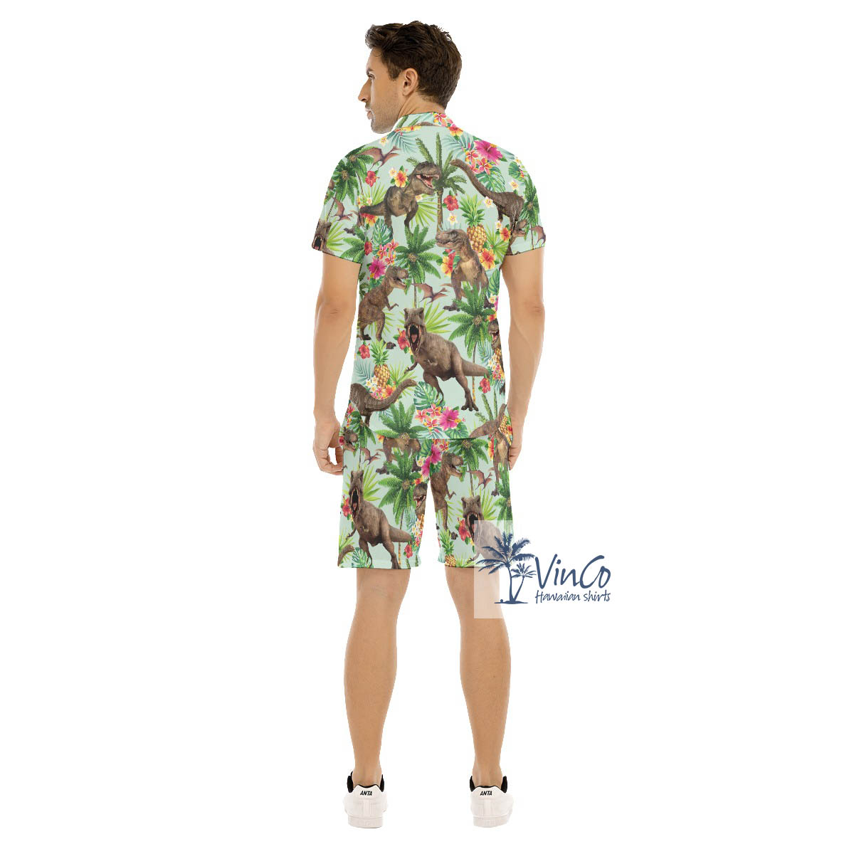 Funny Dinosaur Tropical Hawaiian Shirt And Shorts For Men