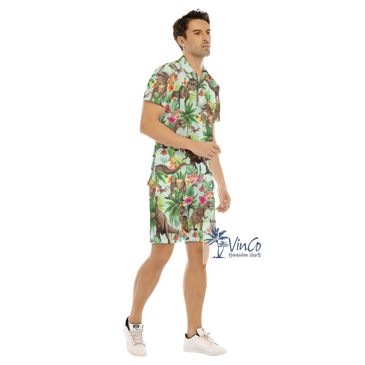 Funny Dinosaur Tropical Hawaiian Shirt And Shorts For Men