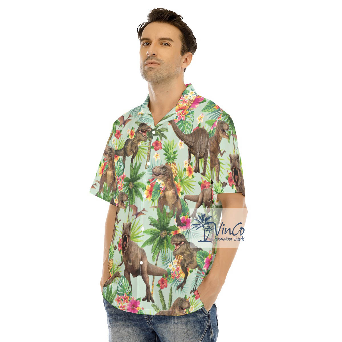 Tropical Dinosaur Hawaiian Shirt For Men Aloha Beach Shirt