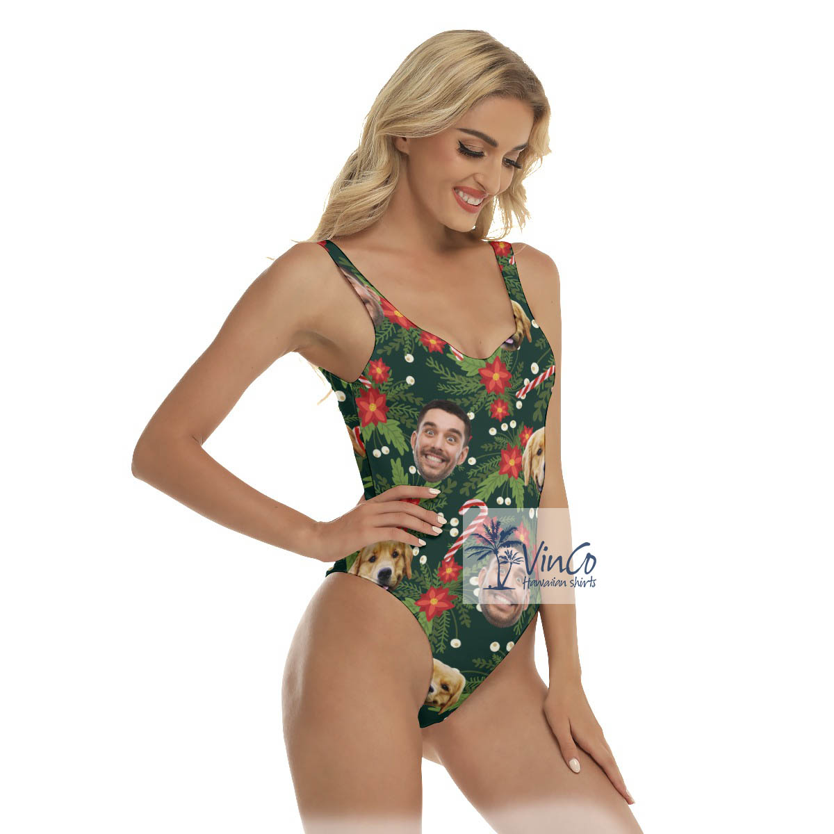 Custom Floral Christmas Hawaiian Swimsuit With Multiple Faces
