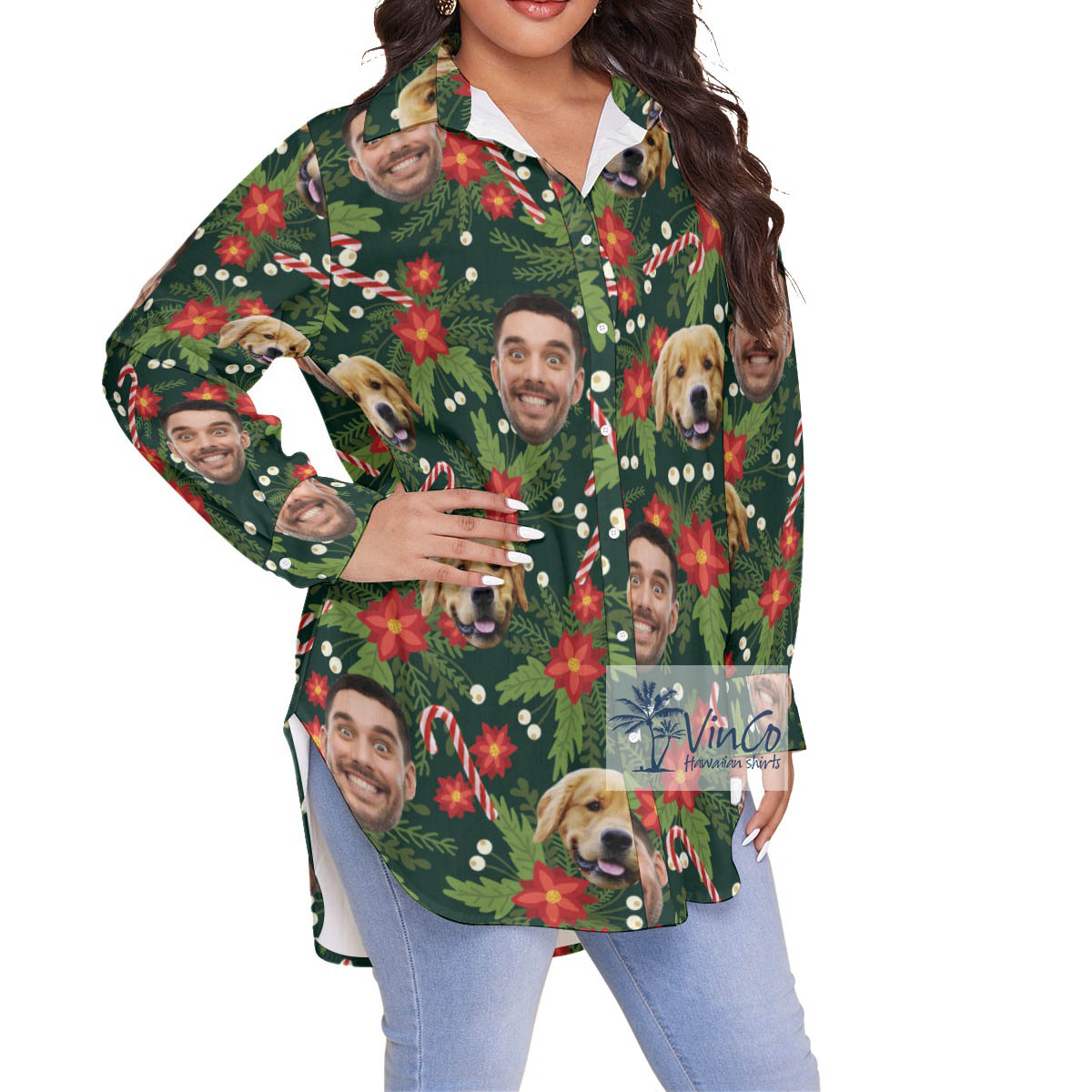 Custom Multiples Faces Christmas Hawaiian Oversized Shirt For Women
