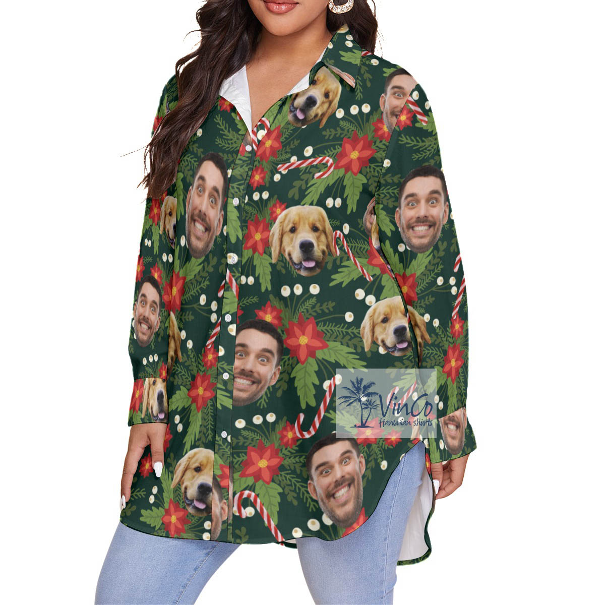 Custom Multiples Faces Christmas Hawaiian Oversized Shirt For Women